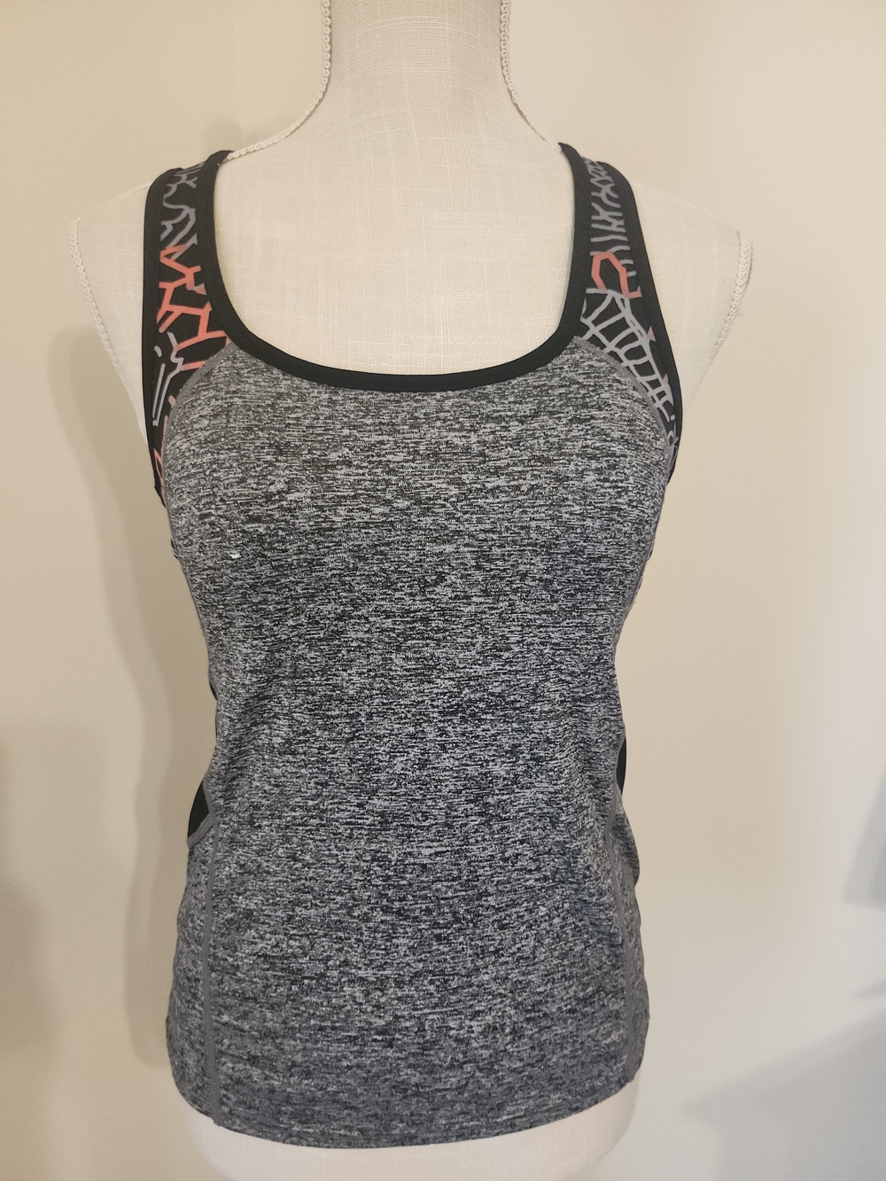 Heather Charcoal Racerback Active Tank Top with Patterned Straps
